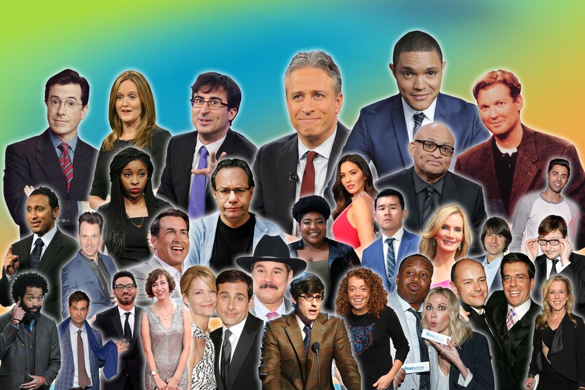 A photo illustration shows a crowded frame containing about 30 cutouts of past and present "The Daily Show" personalities. 