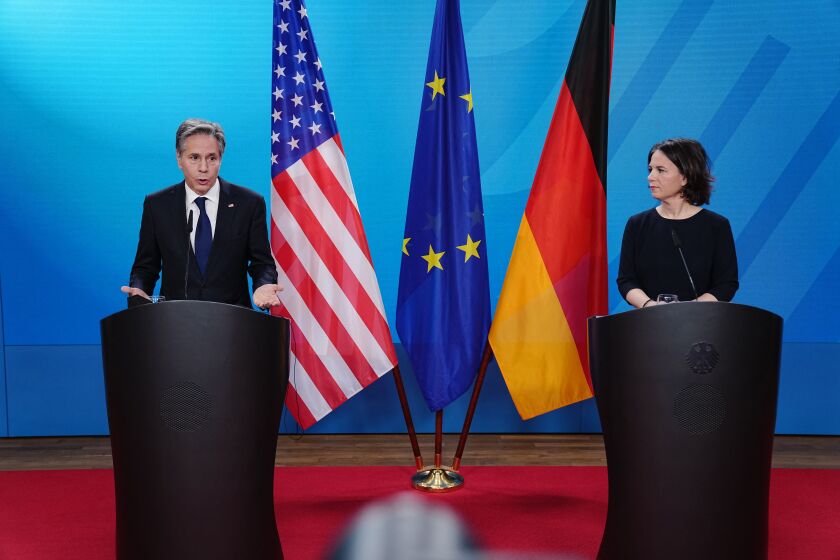 German Foreign Minister Annalena Baerbock and US Secretary of State Antony Blinken address a press conference following a meeting with their counterparts from Britain and France at the German Foreing Office in Berlin on January 20, 2022. - US Secretary of State Antony Blinken headed to Berlin for meetings with key European allies, as part of a whirlwind diplomatic tour to stop Russia from marching on Ukraine. Blinken will seek a united front with counterparts from France and Germany as well as Britain's junior foreign minister before his crunch talks with Russia's Sergei Lavrov on January 21, 2022. (Photo by Kay Nietfeld / POOL / AFP) (Photo by KAY NIETFELD/POOL/AFP via Getty Images)