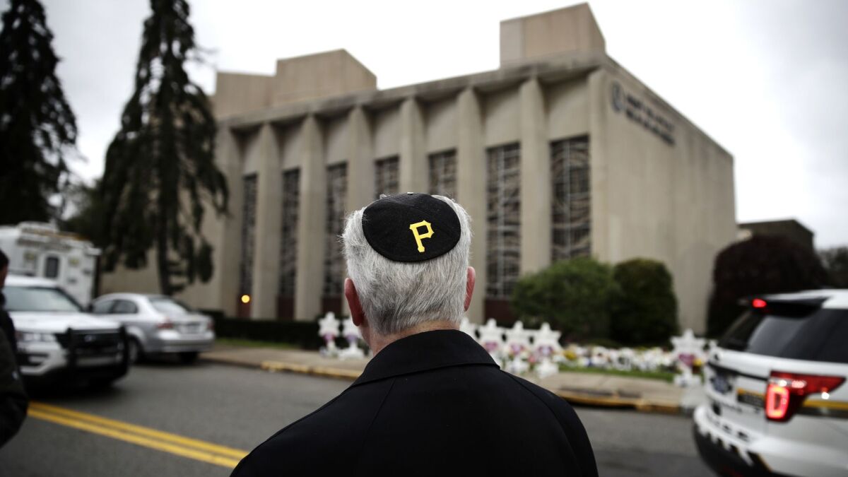 Rabbi Jeffrey Myers of the Tree of Life Synagogue wears at yarmulke with a Pittsburgh Pirates logo.