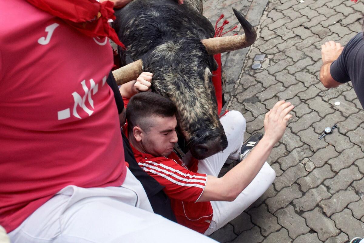 A 'mozo' or runner is hit by a bull during the second bullrun in Pamplona. (Daniel Fernandez / EPA / Rex / Shutterstock)