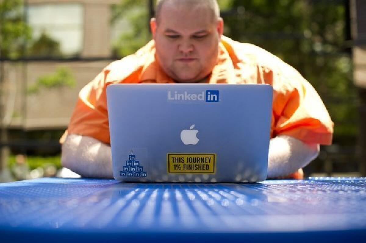 Greg Leffler, a site reliability engineer at LinkedIn, works outside his company's Mountain View, Calif., headquarters in May.