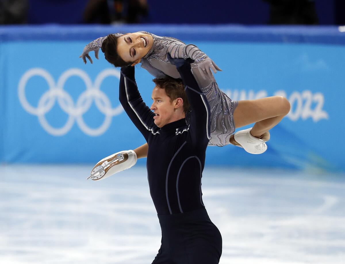 Evan Bates and Madison Chock from USA compete in the Ice dance-free dance team event.