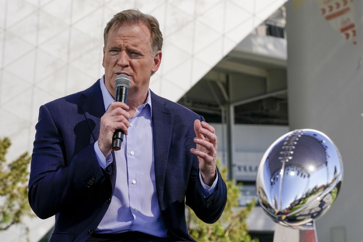 NFL commissioner Roger Goodell speaks at a Super Bowl LVI news conference outside SoFi Stadium.