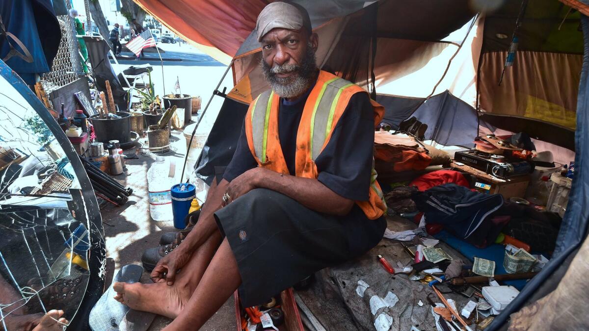 Homeless veteran Kendrick Bailey keeps cool inside his tent on a street corner near skid row in downtown Los Angeles.