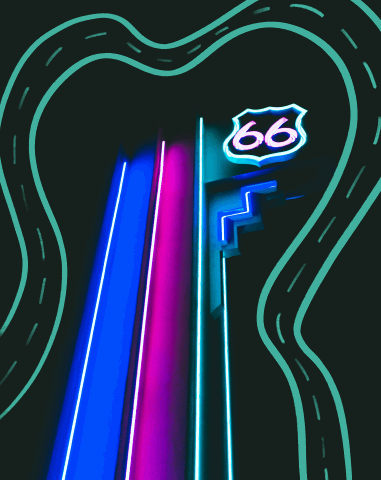 Neon "Route 66" sign with illustrated highway.