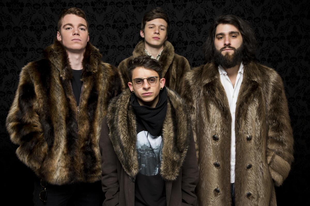 Actors Gabriel Basso, Moises Arias (front), Nick Robinson and director Jordan Vogt-Roberts, from left, from the film, "The Kings of Summer," are photographed in the L.A. Times Photo & Video studio, on the fourth day of the 2013 Sundance Film Festival, in Park City, Utah, Jan. 20, 2013.