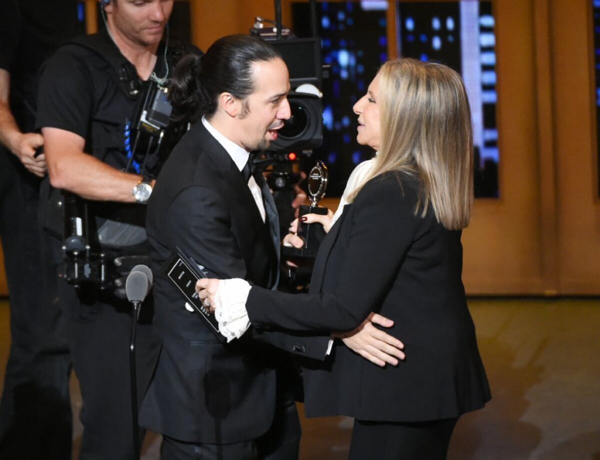 Barbra Streisand presents the best musical Tony to Lin-Manuel Miranda. Both Streisand and Miranda are one award away from joining the EGOT club.