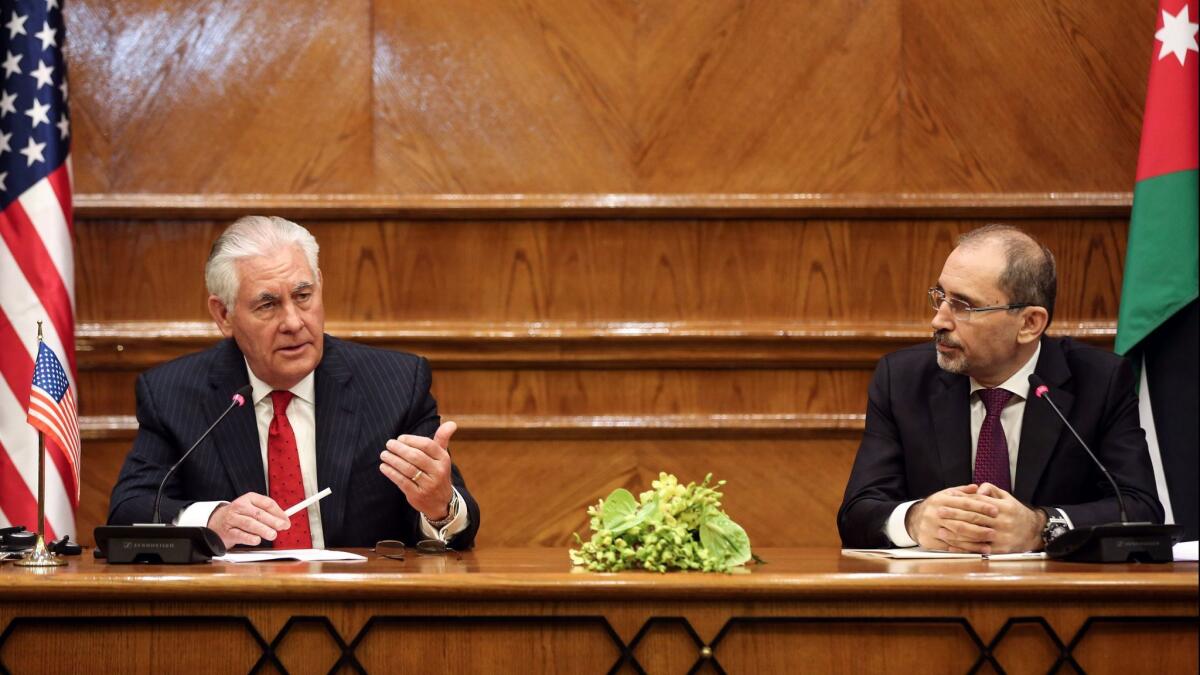 Jordan's Foreign Minister Ayman Safadi, right, and U.S. Secretary of State Rex Tillerson at a Wednesday news conference, touted the relationship between the two countries and largely avoided points of disagreement.