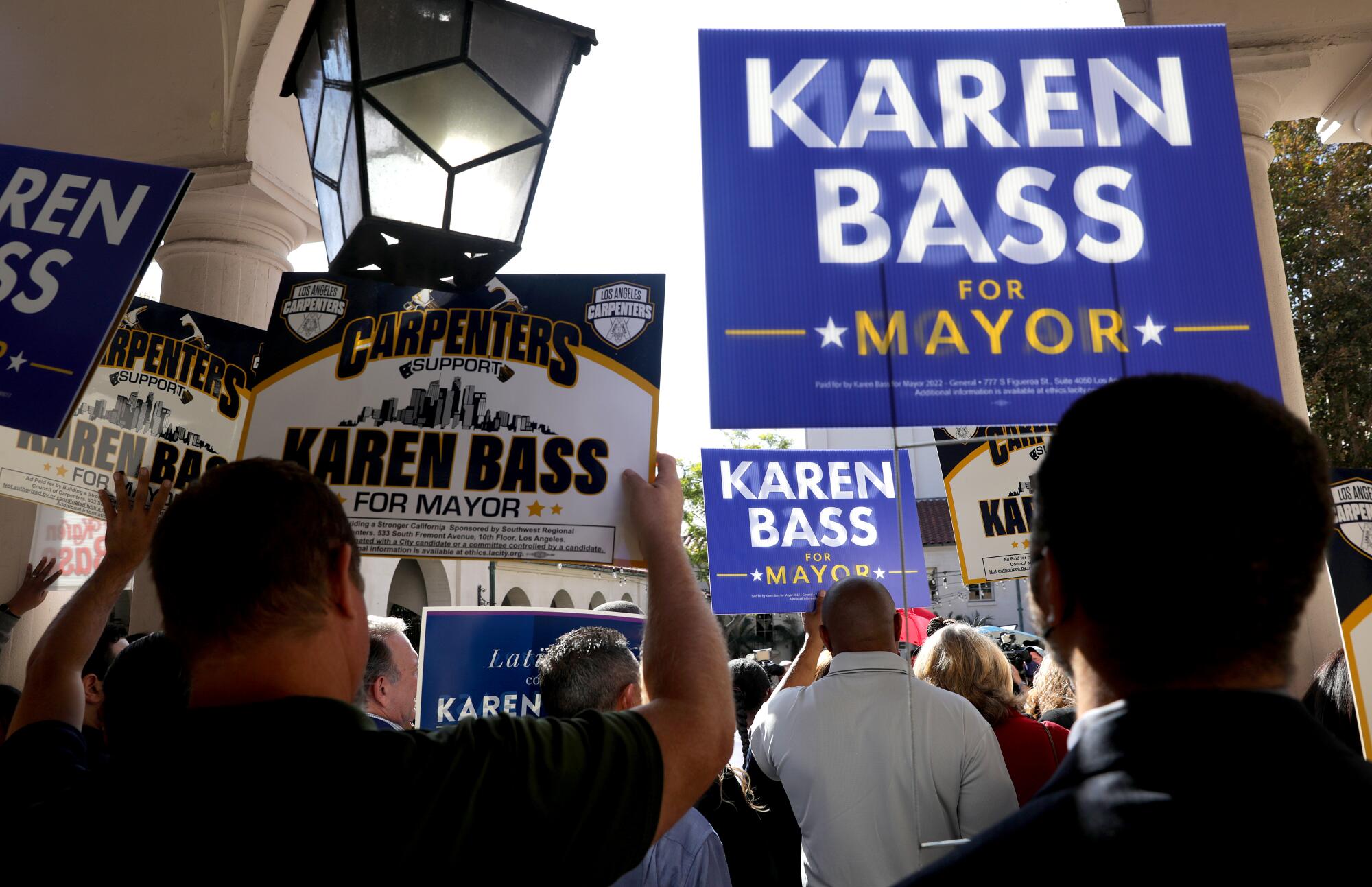 Karen Bass mingles after her election announcement at the Wilshire Ebell Theatre in Los Angeles on Thursday.