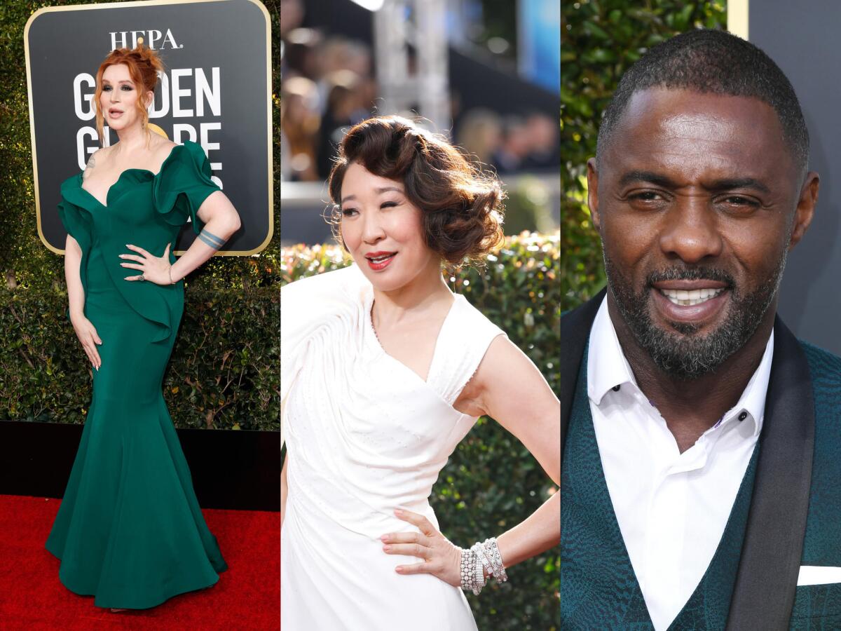 The best and worst looks of the 2019 Golden Globe Awards. From left: Our Lady J, Sandra Oh and Idris Elba.