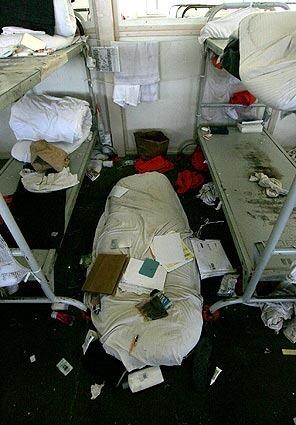 CHINO, CA - AUGUST 19, 2009: Ravaged bedding at Mariposa residential hall which California Governor Arnold Schwarzenegger toured at California Institution for Men in Chino prison where prisoners rioted last week, on Wednesday August 19, 2009.