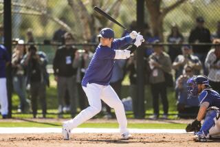 Los Angeles Dodgers designated hitter Shohei Ohtani participates in spring training.
