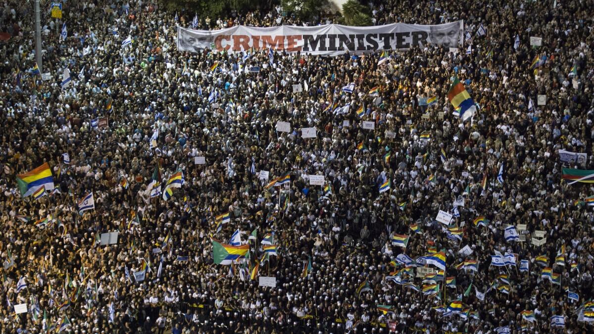 General view shows thousands of demonstrators protesting against the "Jewish State Nation Law" on Aug. 4, 2018 in Tel Aviv.