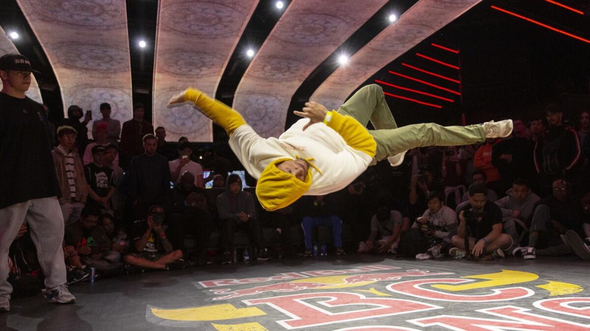 B-boy Yuri performs in a battle during the Red Bull BC One All Star Tour on April 27, 2019 at Academy LA in Hollywood.