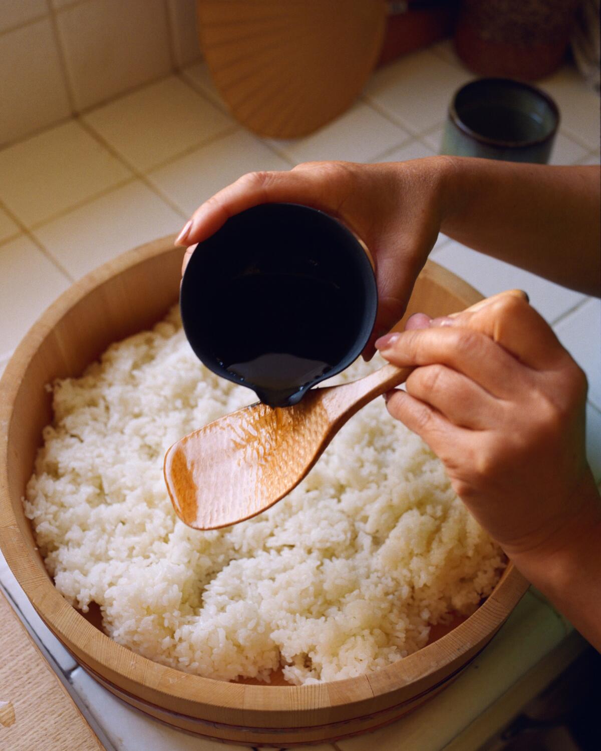 To make sushi rice, mix with vinegar, sugar and salt. 