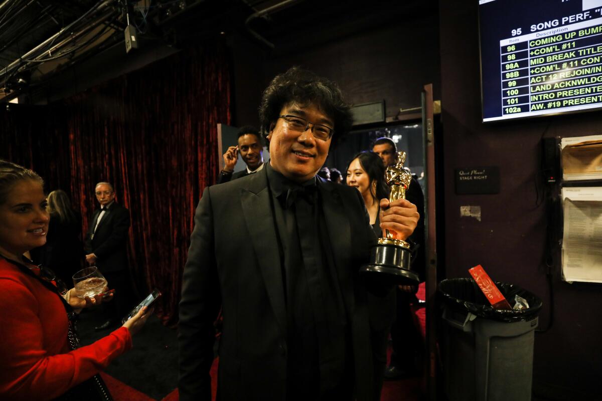 Bong Joon Ho winner of the international feature Oscar for “Parasite” backstage at the 92nd Academy Awards.