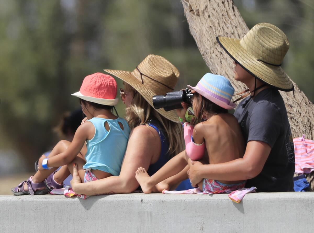 Fans line the Surf Ranch pool to watch pro surfing come to rural California during the first-ever World Surf League Founder's Cup at Kelly Slater's Surf Ranch in Lemoore, CA.