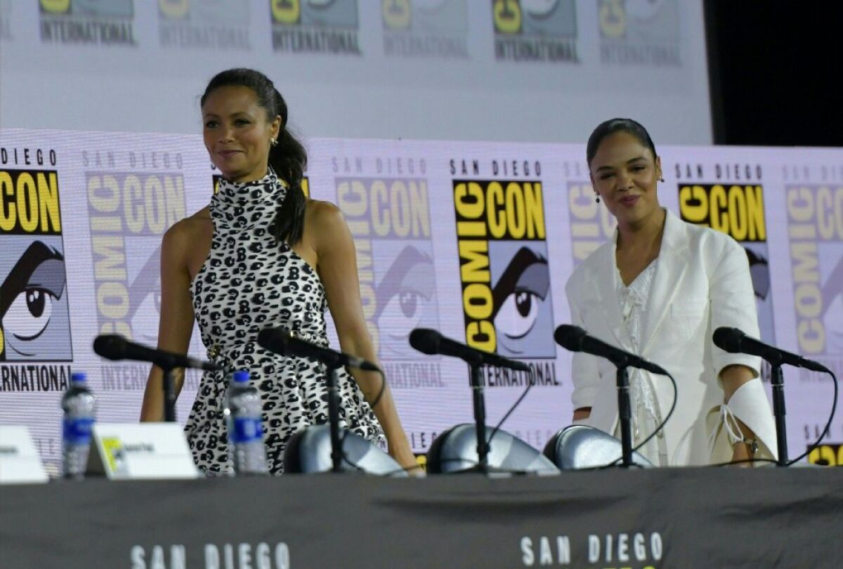 Actress Thandie Newton (L) and Tessa Thompson (R) arrive on stage for the Westworld panel during 2019 Comic-Con International at San Diego Convention Center on July 20, 2019 in San Diego, California.