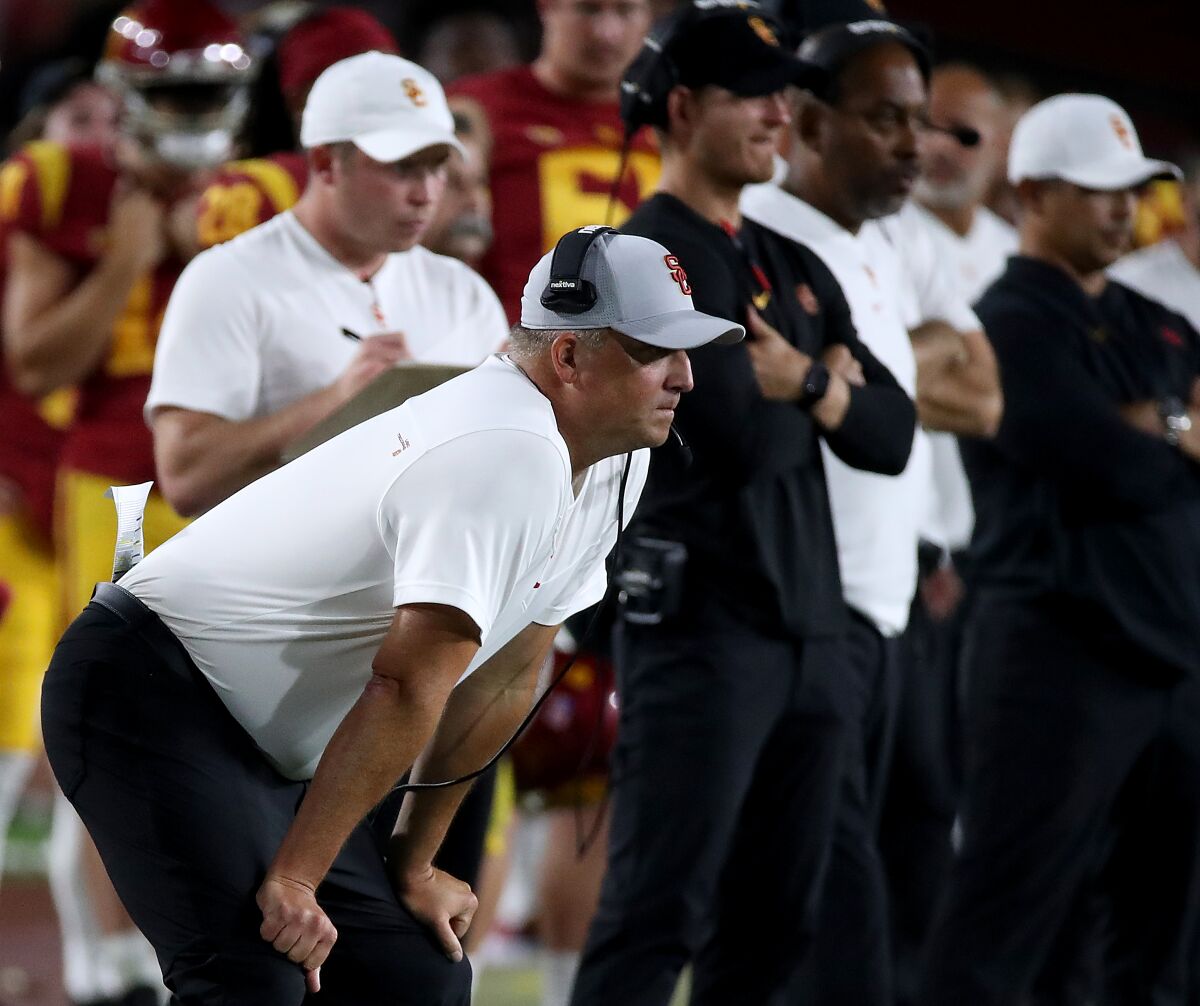 LOS ANGELES, CALIF. - SEP 11, 2021. USC head coach Clay Helton on the sideline during a game against Stanford.