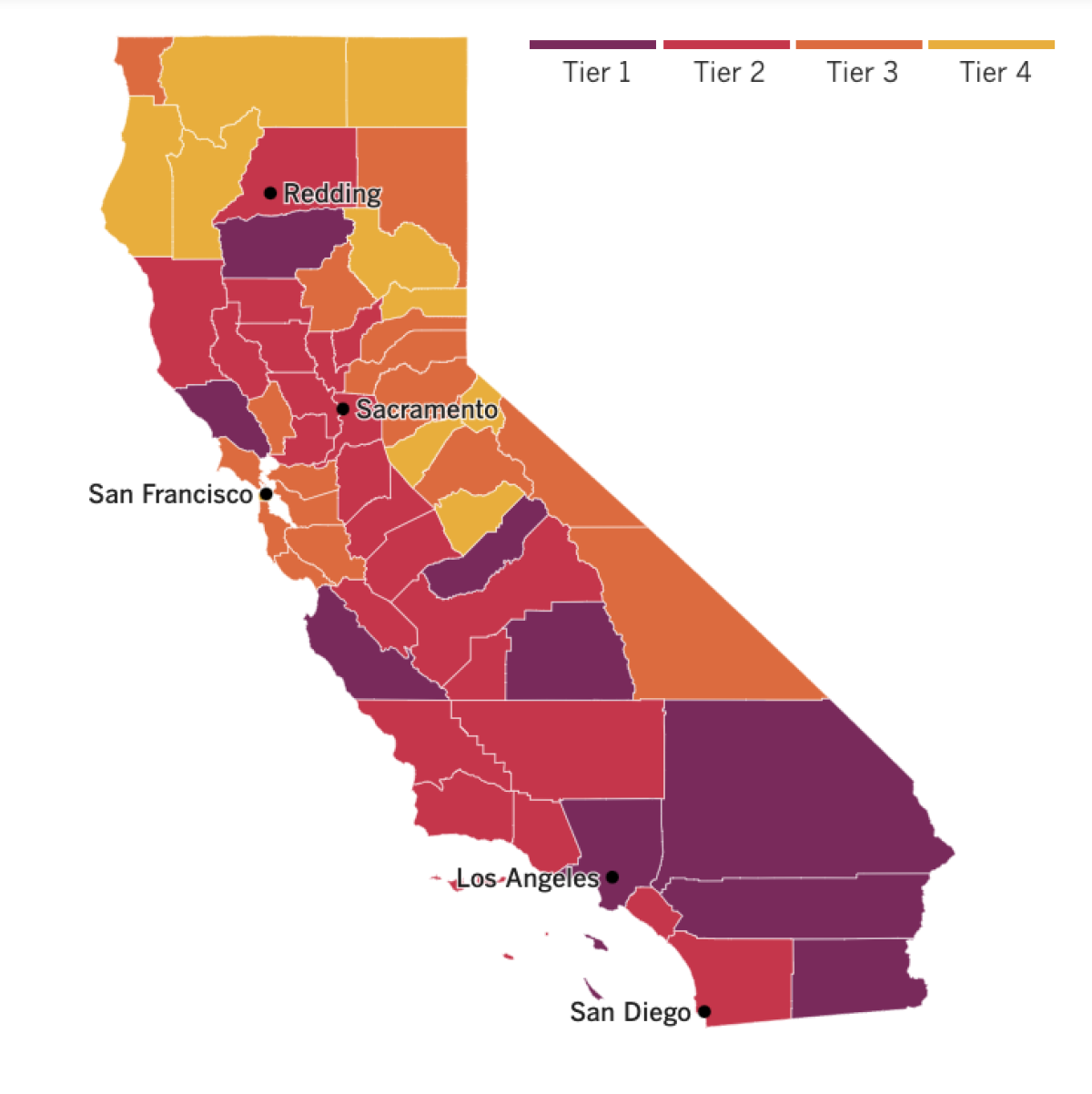 A map showing the tiers to which California counties have been assigned for reopening based on local coronavirus risk.