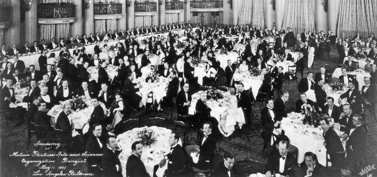 The Academy of Motion Picture Arts and Sciences, seen here at its first organizational meeting in 1927, remains largely white and male.