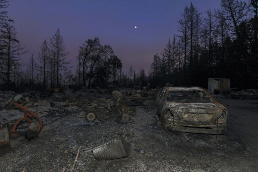 BOULDER CREEK, CA - AUGUST 27: Charred remains of a structure hit by CZU Lightning Complex fire on Pinecrest Drive on Thursday, Aug. 27, 2020 in Boulder Creek, CA. (Irfan Khan / Los Angeles Times)