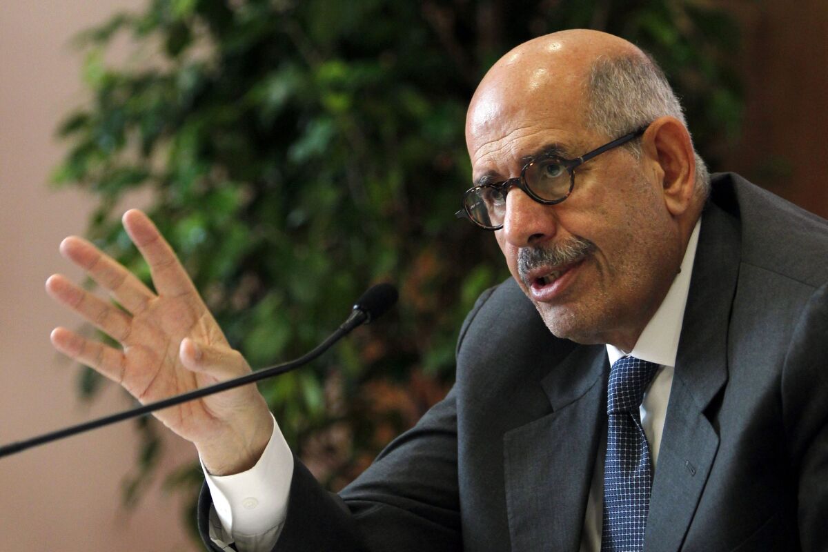 Mohamed ElBaradei, seen at a 2011 news conference in Estoril, Portugal, resigned as Egypt's vice president Wednesday. "Those who want to crush the Brotherhood accuse me of being soft. I don't believe my concern over the loss of lives makes me a soft man," ElBaradei said in a recent television interview.