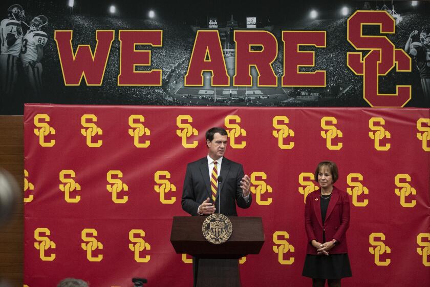 Brian van der Brug  Los Angeles Times MIKE BOHN, introduced by USC President Carol L. Folt as the new athletic director this month, said “good programs finish strong.”