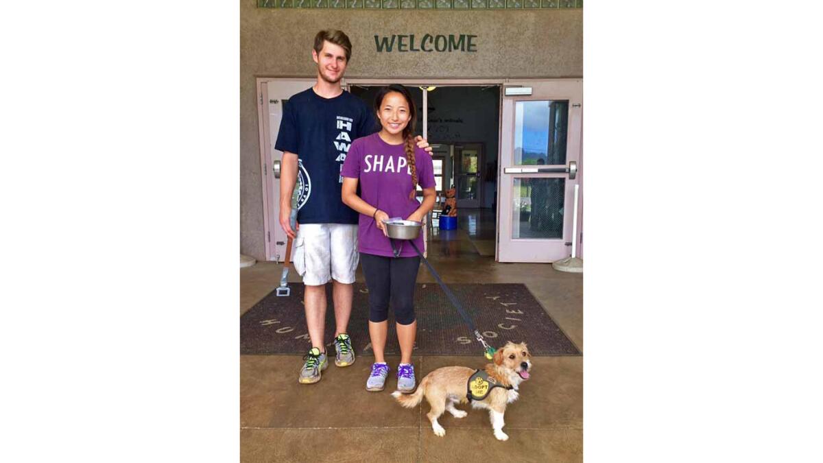 Emile Modesitt and author's daughter Nora Groves with Ralph, a terrier mix from the Kauai Humane Society. Ralph is now named Toby and lives with the Bennett family in Granite Bay, Calif.