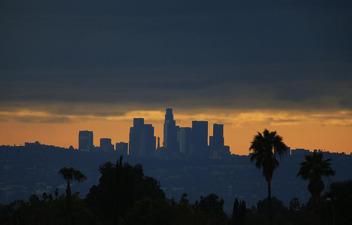 In March, a storm passes over downtown Los Angeles.