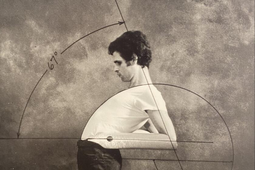 Artist Robert Cumming often used himself as the subject of his witty photographs, as in "67-degree body arc off circle center" (1975)