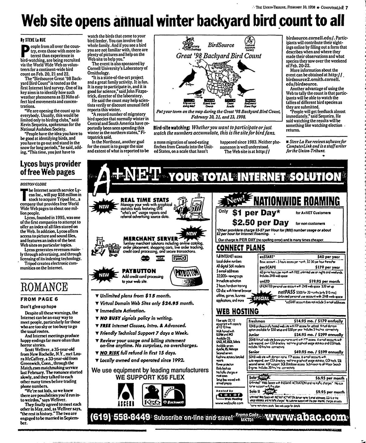 An article on the Great '98 Backyard Bird Count published in The San Diego Union-Tribune, February 10, 1998.