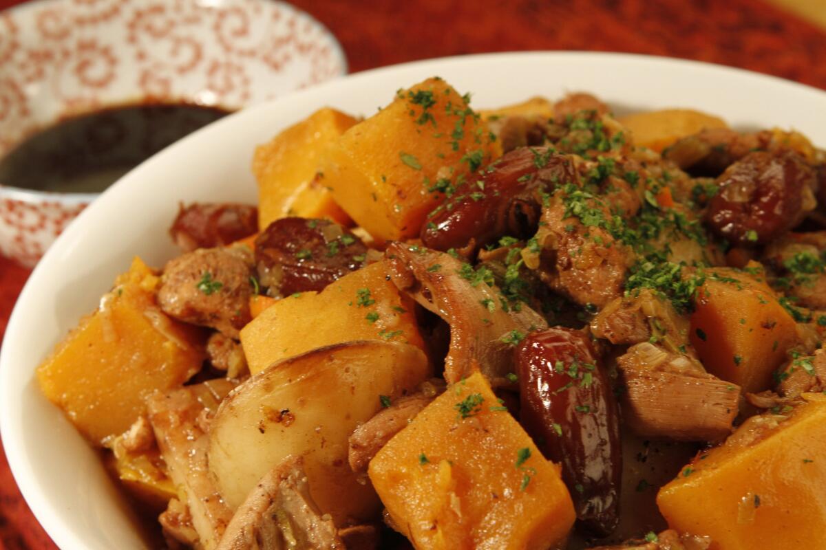 The Chicken Tzimmes is a stew with sweet vegetables and dates. Recipe: Chicken Tzimmes with dates