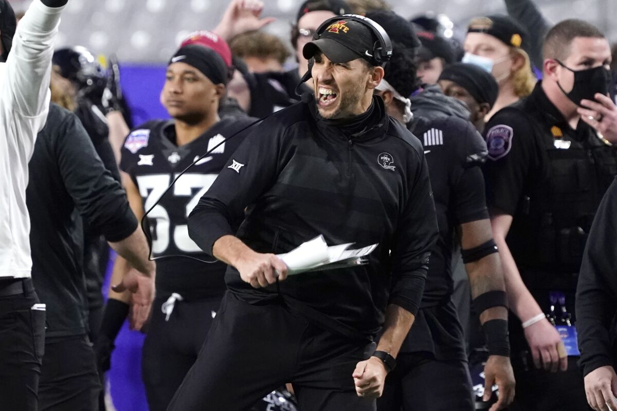 Iowa State coach Matt Campbell celebrates during the 2021 Fiesta Bowl against Oregon on Jan. 2.
