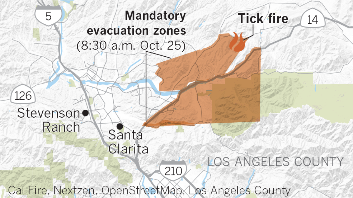 Evacuation orders for the Tick fire are in effect for homes in Sand Canyon and south of the 14 Freeway, east of Sand Canyon Road, north of Placerita Canyon Road and west of Agua Dulce Canyon Road.