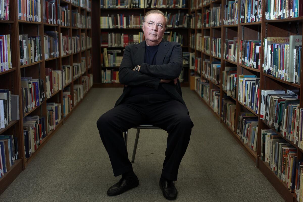 James Patterson, who will give $1 million to independent bookstores, at the Venice High School library in 2012.