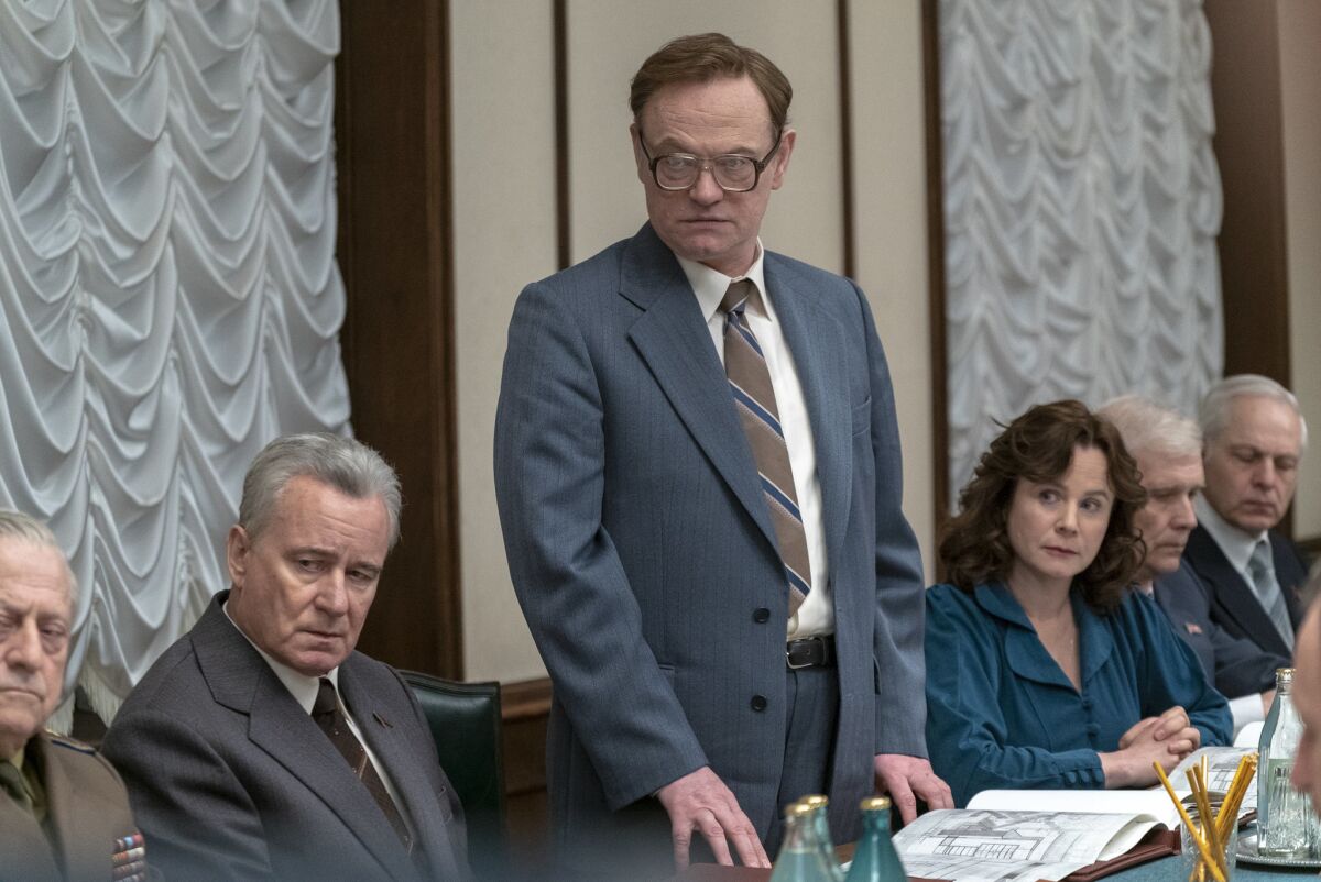 From left: Stellan Skarsgård, Jared Harris and Emily Watson in a scene from the Emmy-winning HBO miniseries "Chernobyl."