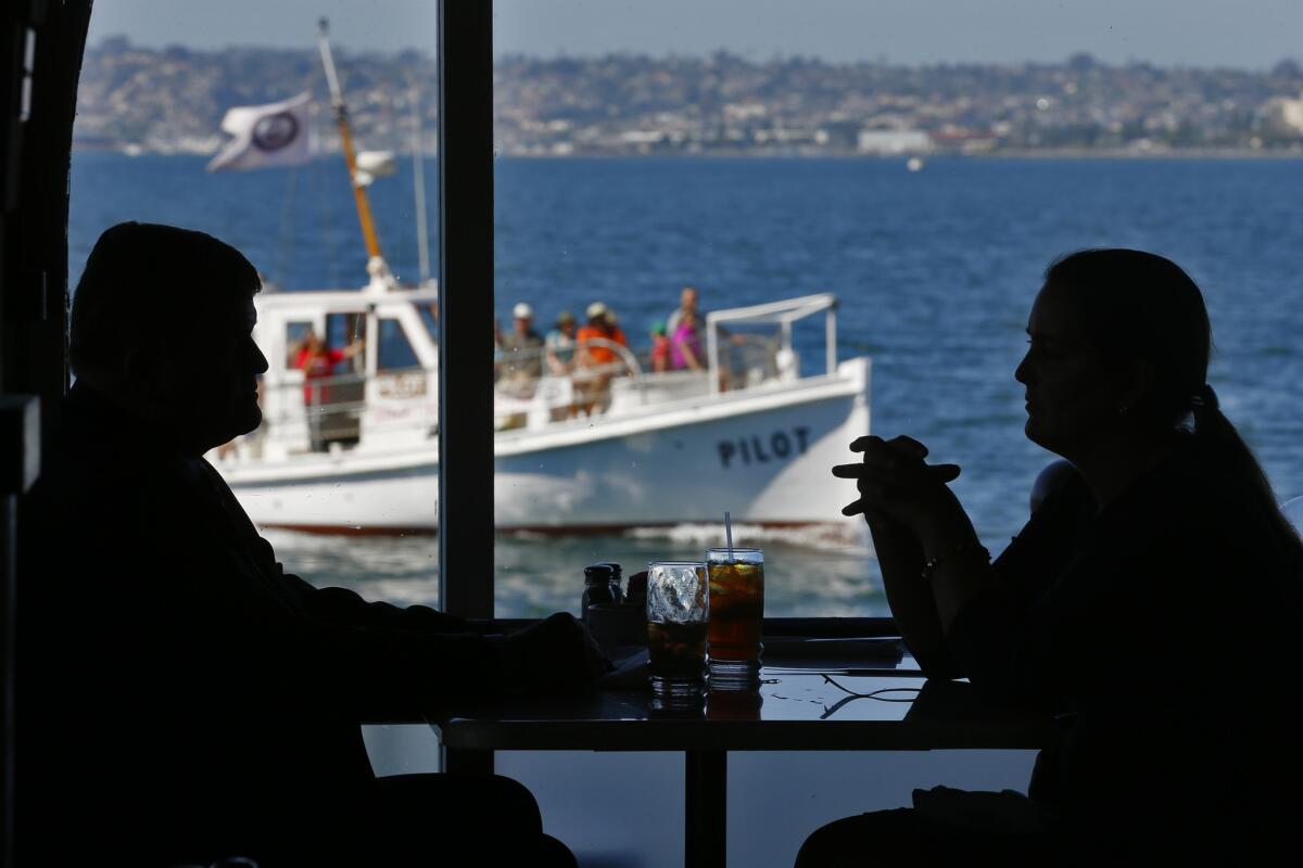 Diners at Anthony's Fish Grotto have an unobstructed view of San Diego Bay and distant Point Loma.