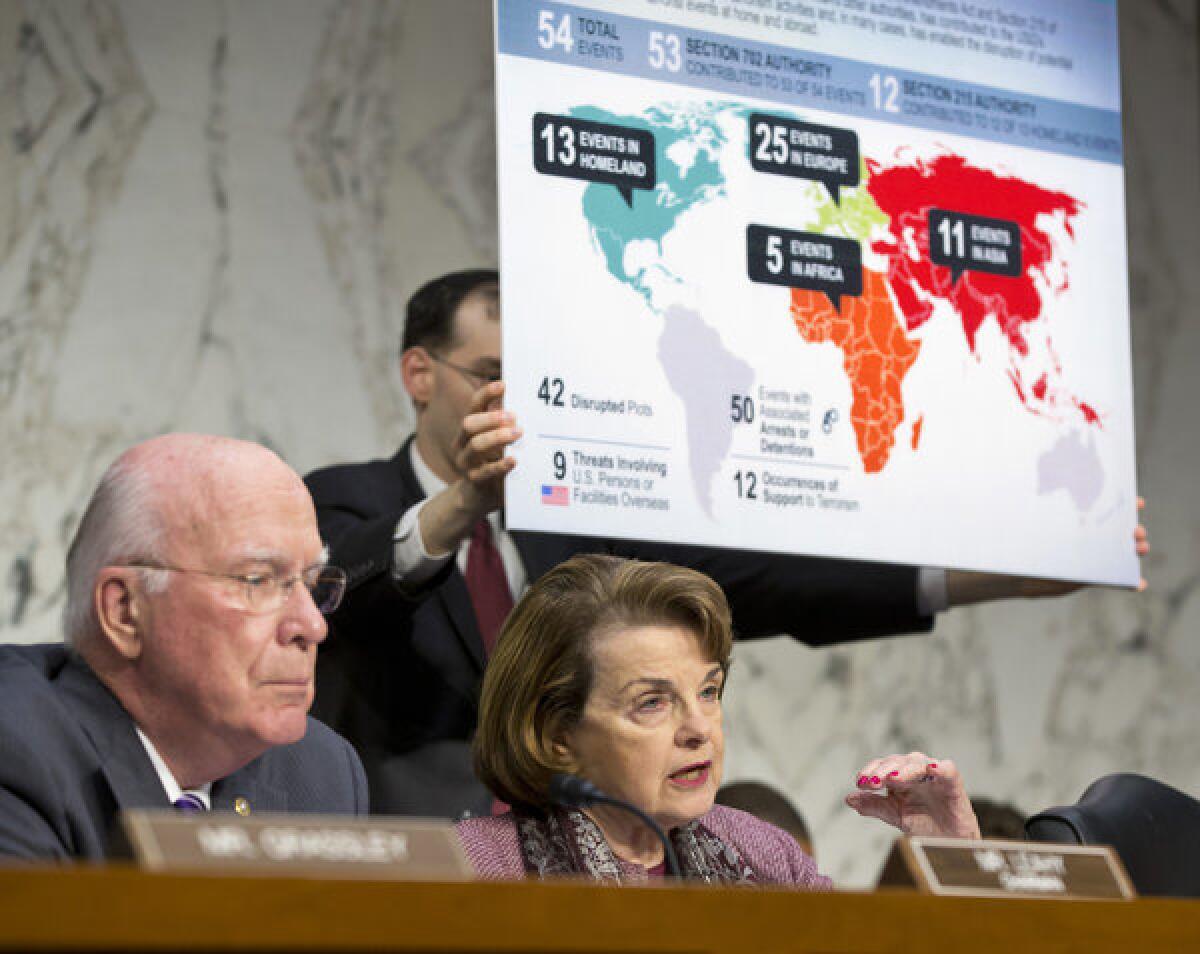 Sens. Patrick Leahy (D-Vt.) and Dianne Feinstein (D-Calif.) question Obama administration officials about the National Security Agency's surveillance program on Capitol Hill.