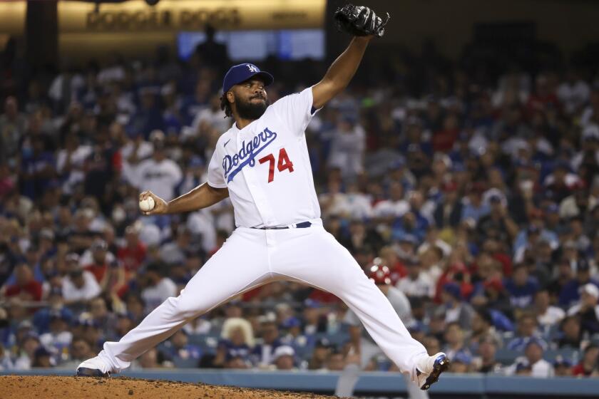 Los Angeles, CA - October 06: Los Angeles Dodgers relief pitcher Kenley Jansen pitches during the ninth inning against the St. Louis Cardinals at Dodger Stadium on Wednesday, Oct. 6, 2021 in Los Angeles, CA. (Robert Gauthier / Los Angeles Times)