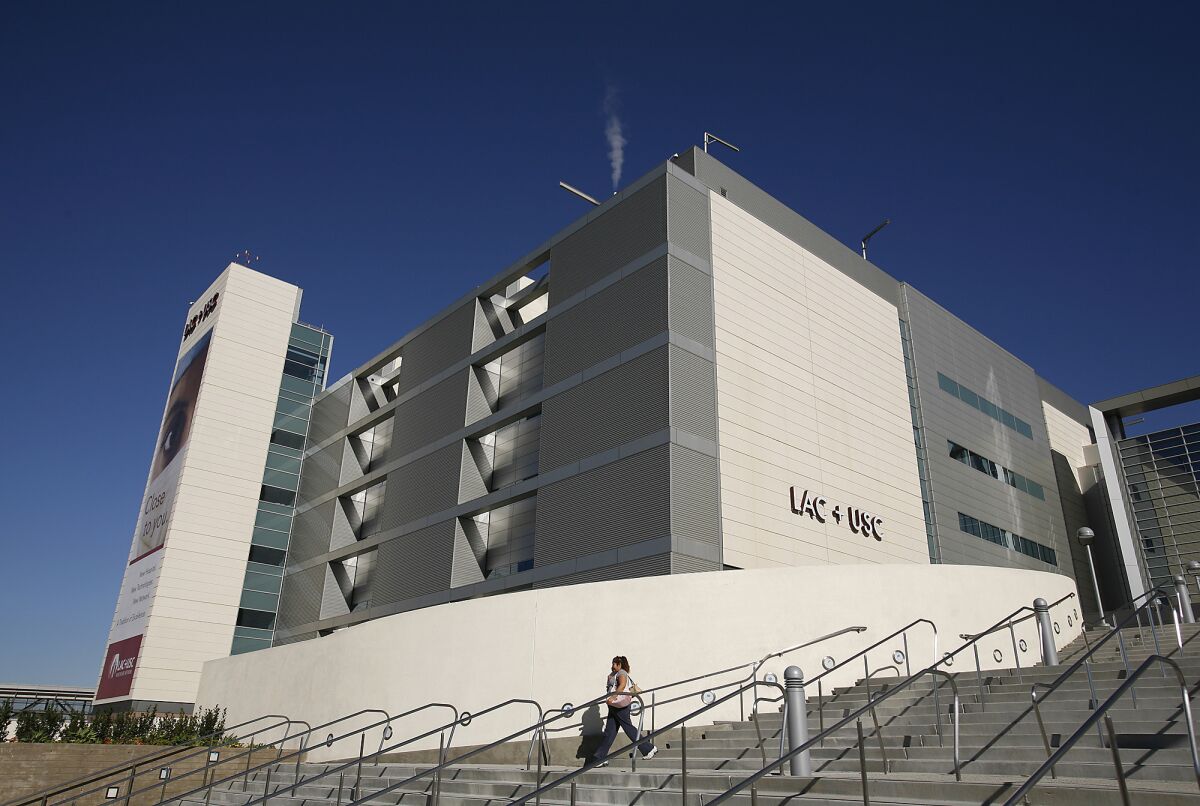 The front steps and exterior of L.A. County-USC Medical Center.
