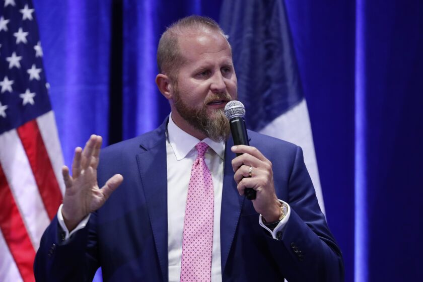 Brad Parscale, campaign manager to President Donald Trump, speaks to supporters during a panel discussion, Tuesday, Oct. 15, 2019, in San Antonio. (AP Photo/Eric Gay)