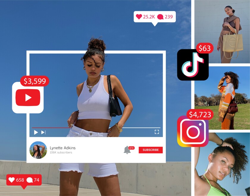Collage of photos of a woman with social media app icons, notification icons and dollar amounts around her. 