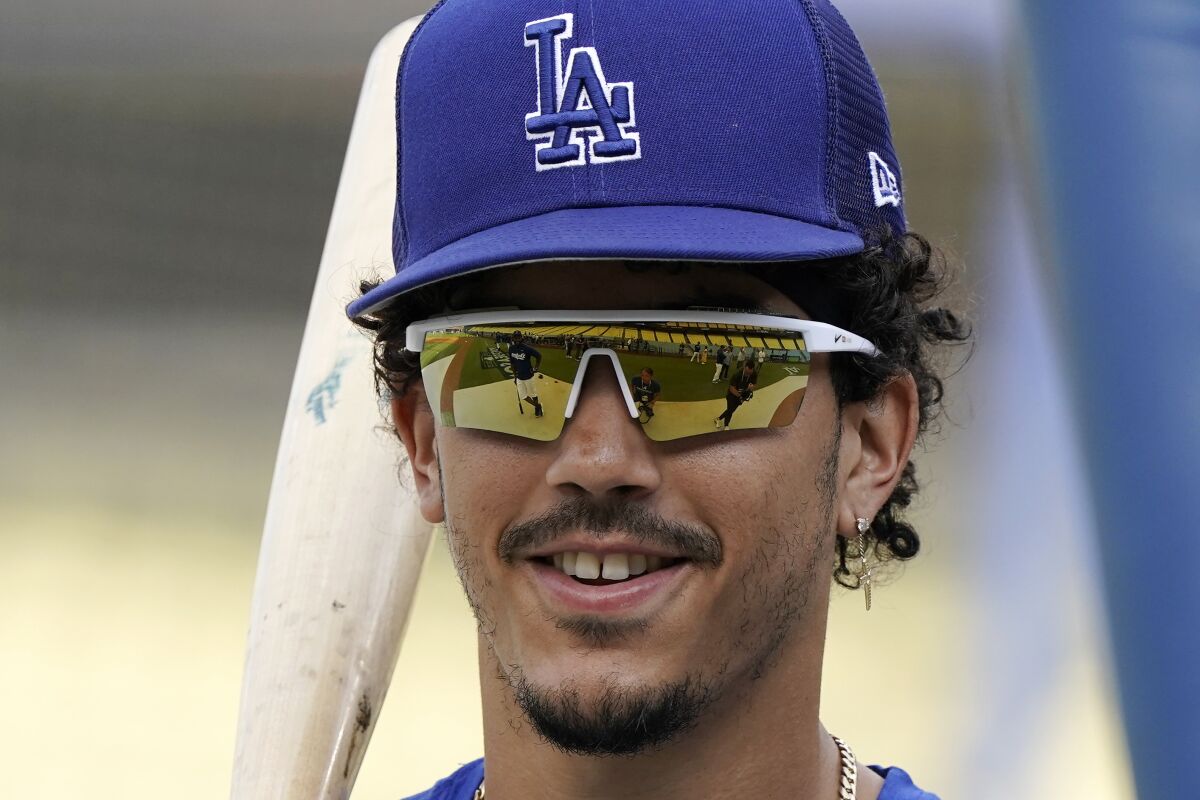 Los Angeles Dodgers' Miguel Vargas is seen during batting practice prior to Game 1 of a National League Division Series.