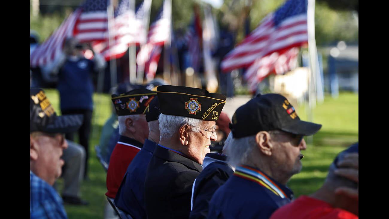 Korea War veterans like Andy Gero, center, who served five years in the United States Air Force and then four years in the U.S. Army, were recognized during the annual Two Strike Park Veteran’s Day Celebration, in La Crescenta on Saturday, Nov. 11, 2017. The event was sponsored by the Veterans of Foreign Wars Post 1614 and the American Legion Post 288.