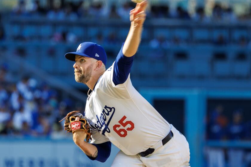 LOS ANGELES, CA - JULY 21, 2024: Los Angeles Dodgers pitcher James Paxton (65) pitches against the Boston Red Sox at Dodgers Stadium on July 21, 2024 in Los Angeles, CA. He was designated for assignment on Monday.(Gina Ferazzi / Los Angeles Times)
