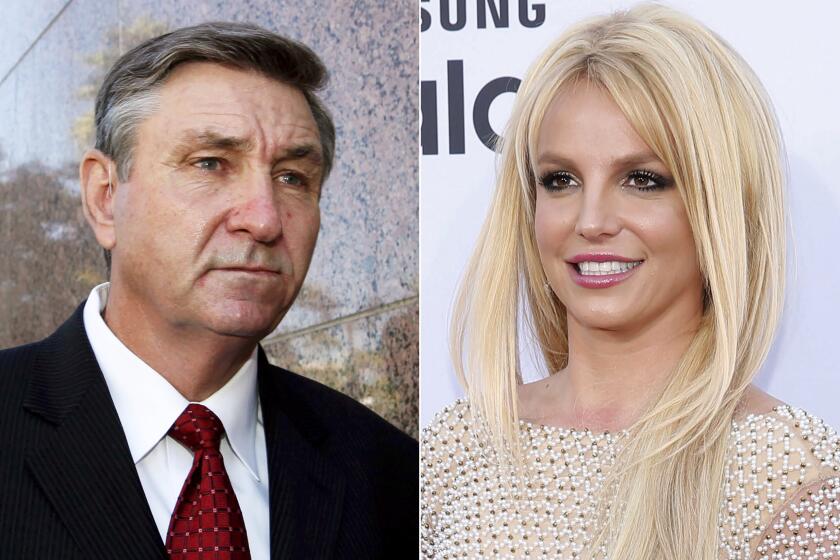 Jamie Spears, father of singer Britney Spears, leaves the Stanley Mosk Courthouse in Los Angeles on Oct. 24, 2012, left, and Britney Spears arrives at the Billboard Music Awards in Las Vegas on May 17, 2015. A Los Angeles judge on Friday ended the conservatorship that has controlled the pop singer's life and money for nearly 14 years. (AP Photo)