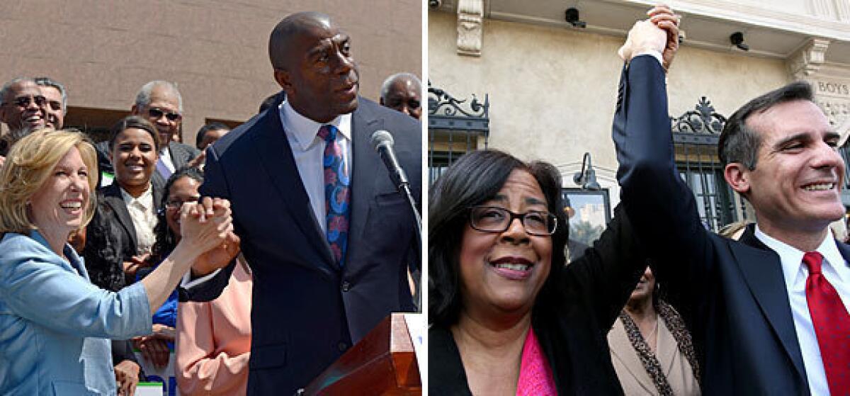 At left, City Controller Wendy Greuel with Magic Johnson after getting his endorsement. At right, Councilwoman Jan Perry endorses Eric Garcetti.