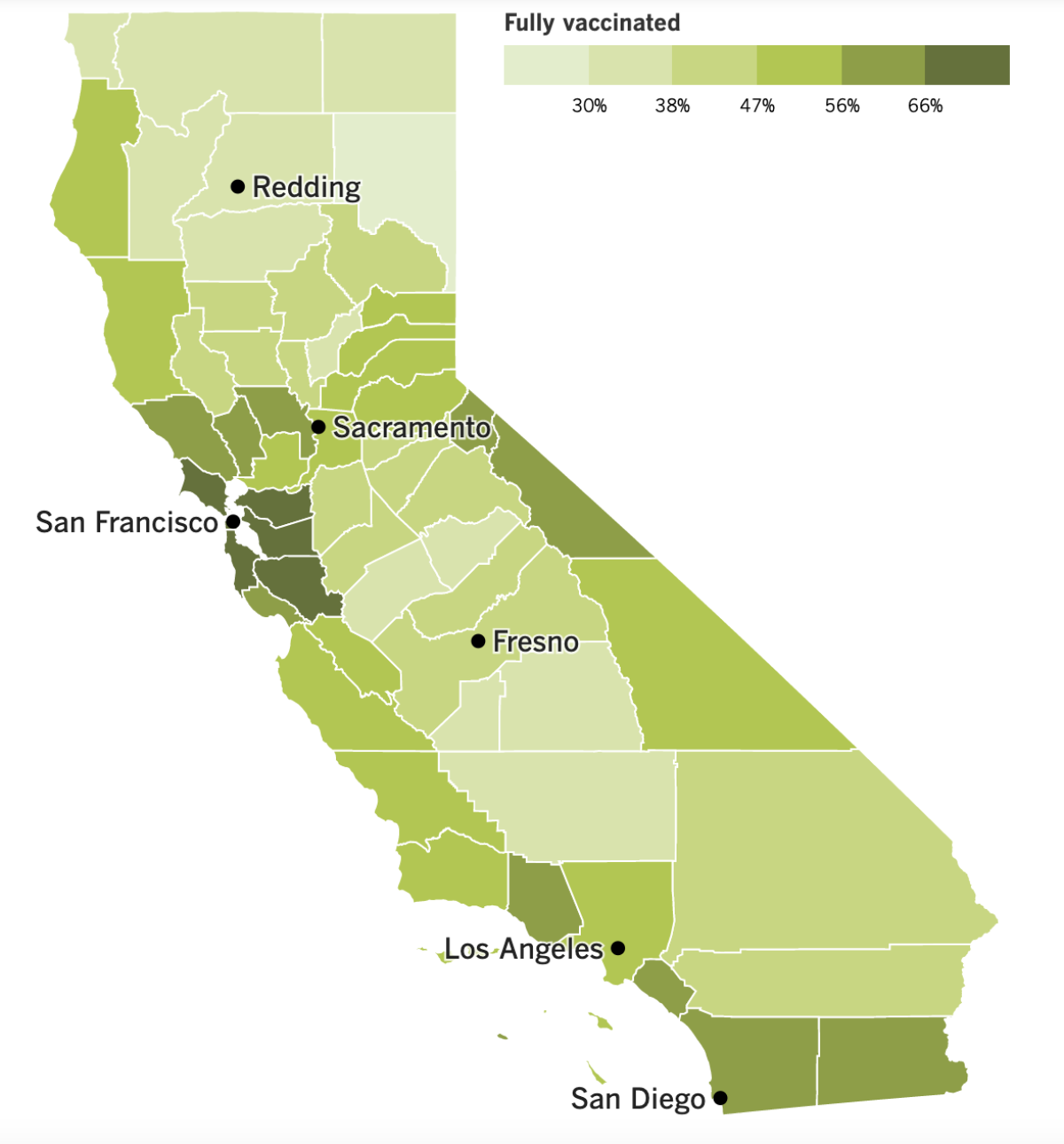 A map of California's vaccination progress by county.