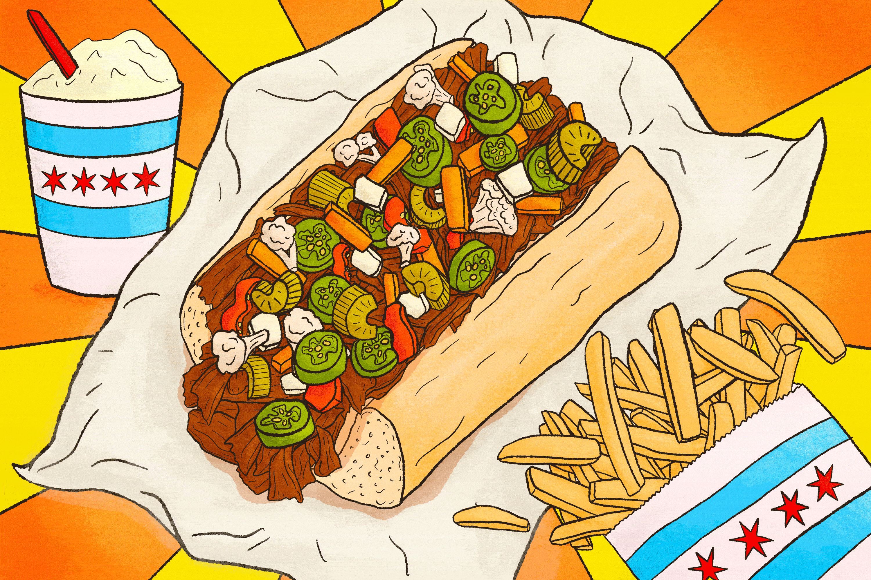 An animated illustration of the divinely delicious, distinctly Chicagoan and oft-misunderstood Italian beef sandwich.